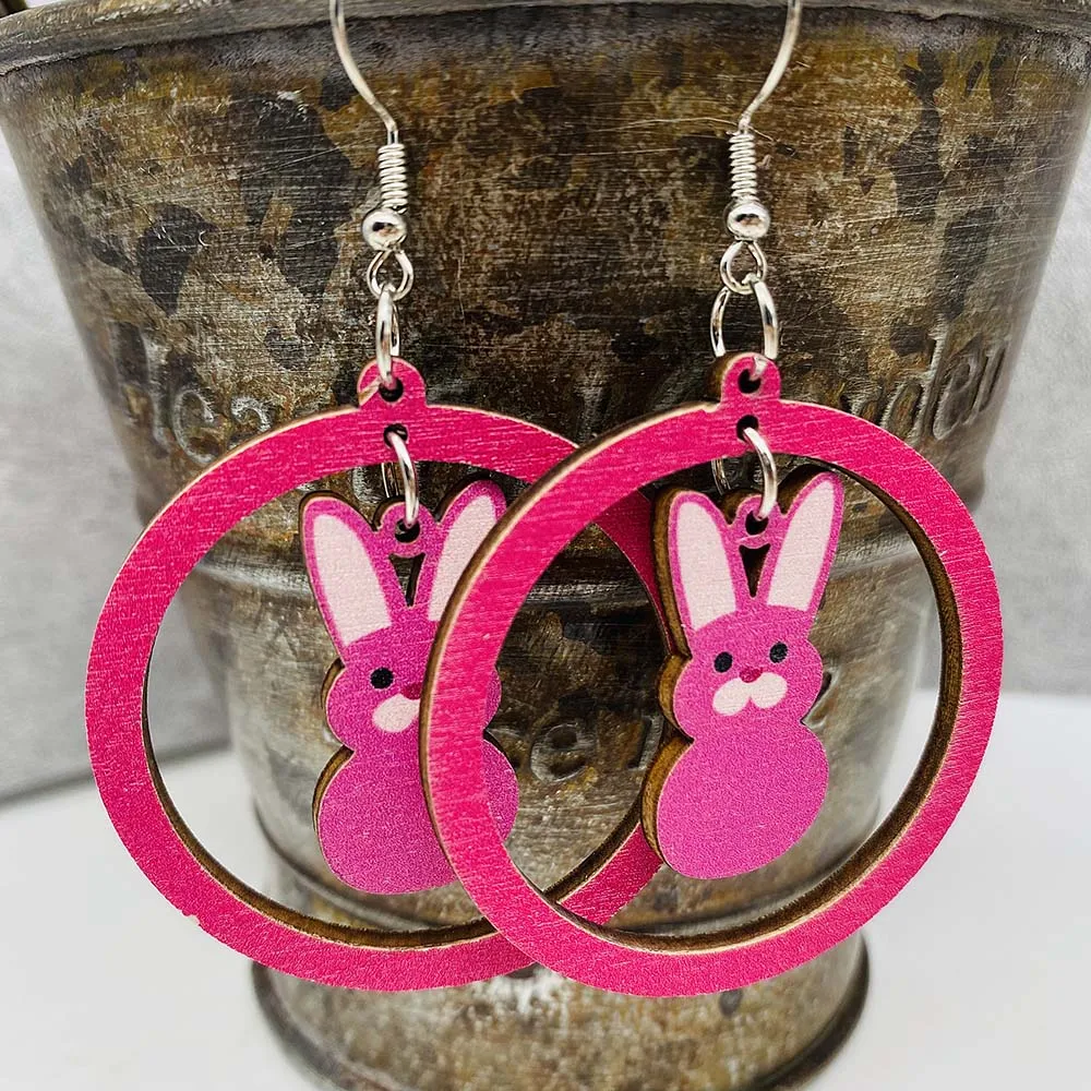 Красочные милые деревянные серьги в виде кролика круглые полые животных для