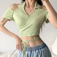summer womens solid deep v t shirt trend casual crop top 2022 new female short sleeve fairy style holiday travel