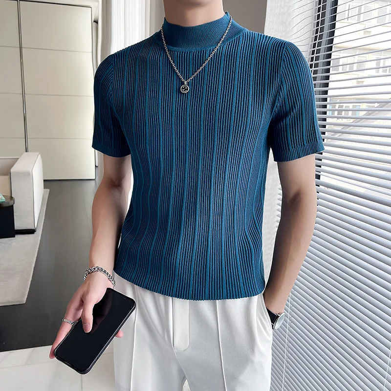 

Summer Knitting Short-sleeved T-shirt Men Slim Fashion Casual Knitted T Shirt Men British Style High-neck Tshirt Mens Top M-4XL