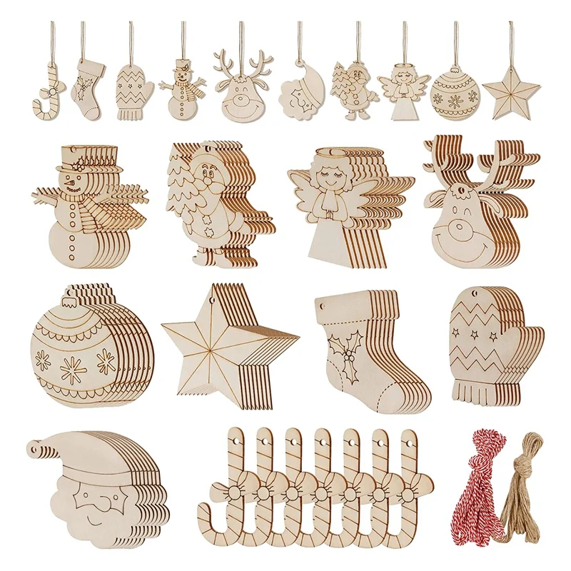 

80Pcs Unfinished Wooden Christmas Ornaments DIY Wood Slices Craft Supplies Shape Pendant For Kids 10 Styles