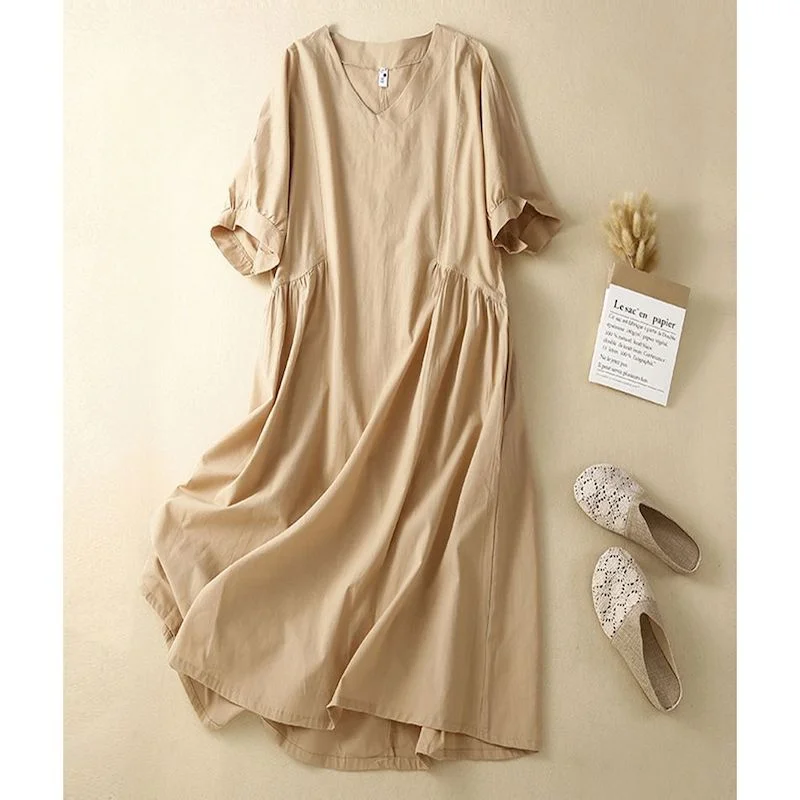 Женское винтажное платье с коротким рукавом свободное однотонное