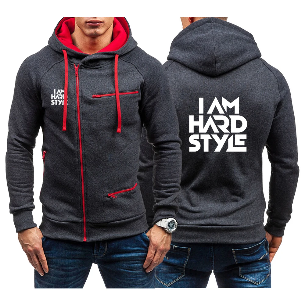 

2023 Spring Autumn I Am Hardstyle Logo Printed Oblique Zipper Design Hoodies Men's Loose Harajuku Style Solid Color Hip Hop Coat