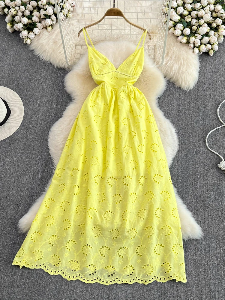 

Женское ажурное платье на бретельках, элегантное пляжное платье-трапеция без рукавов с V-образным вырезом и высокой талией, лето 2019