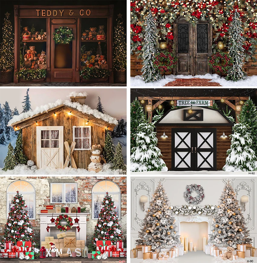 

Christmas Tree Gift Photocall Backdrop Window Fireplace Snowman Baby Family Portrait Photography Backgrounds for Photo Studio