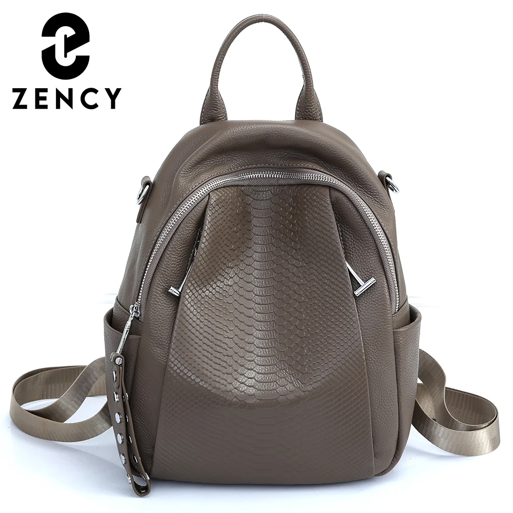 Zency Genuine Leather Backpack For Women Fashion Alligator Rivet Simple Satchel Female Shoulder Travel School Bag Rucksack Girl