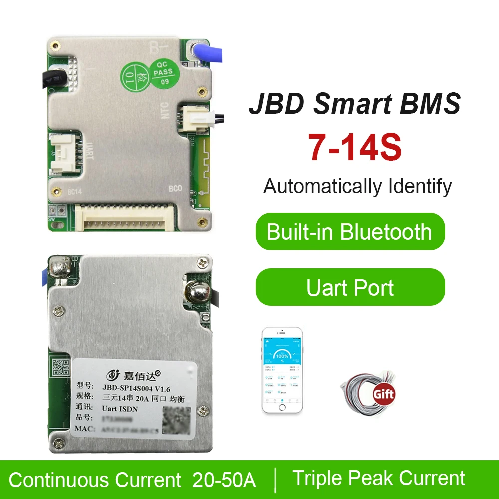 Фото JBD 7-14S Автоматически идентифицирующаяся интеллектуальная BMS 7S 8S 9S 10S 11S 12S 13S 14S 20A 30A 40A 50A со встроенным BT UART для Li-ion и LiFePO4 аккумуляторов электровелосипедов №1