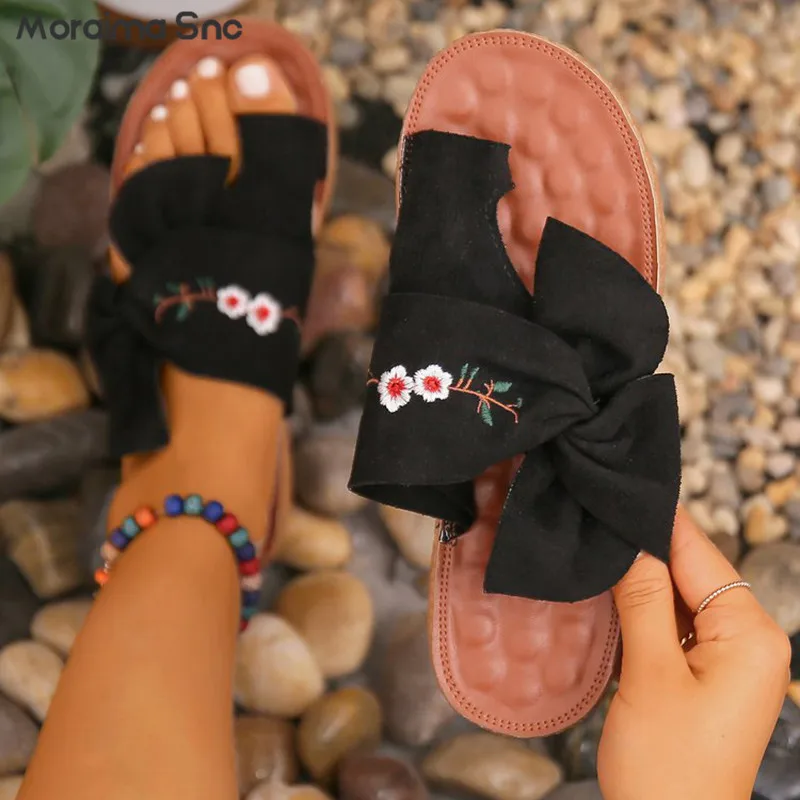 Bowknot Flower Embroidered Slip-On Slippers Summer New Round Toe Flat Bottom Large Size Women's Shoes Fashion Beach Sandals