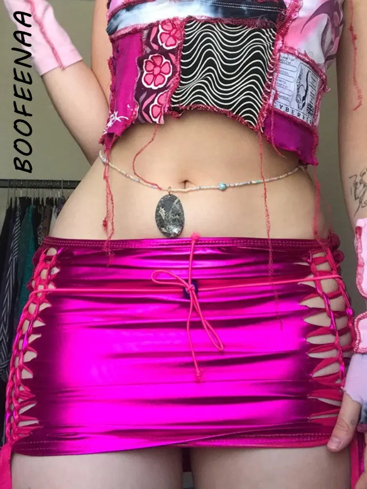 

BOOFEENAA Y2k Sexy Metallic Cut Out Low Rise Micro Mini Skirts Streetwear Bottoms Womens Rave Festival Skirt Club Wear C82-BI11