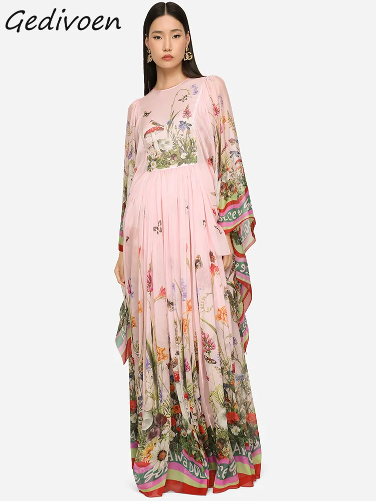 

Gedivoen Fashion Designer Spring Women's Dress Round Neck Bat Sleeve Butterfly Printing Fold And Wrinkle Elegance Dress
