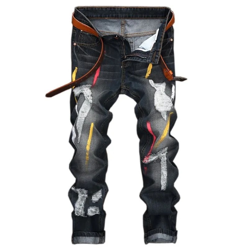 

Printed Ripped For Men Pants Luxury Vintage Mens Jeans Fashions Denim Black Biker Trousers Homme Marque De Luxe