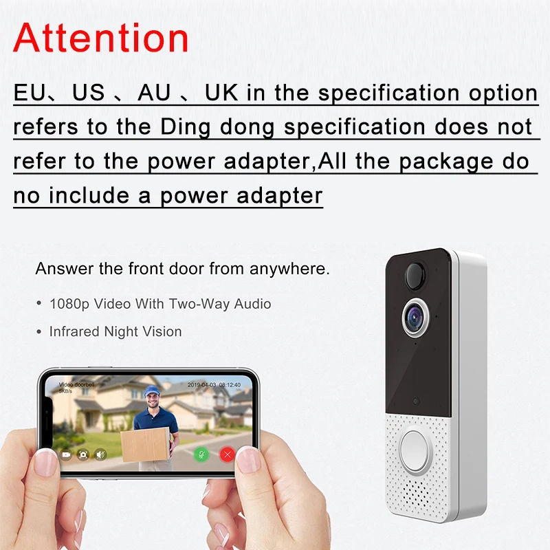 Умный дверной звонок T8 IP 1080P для телефона квартир ИК-сигнализация беспроводная