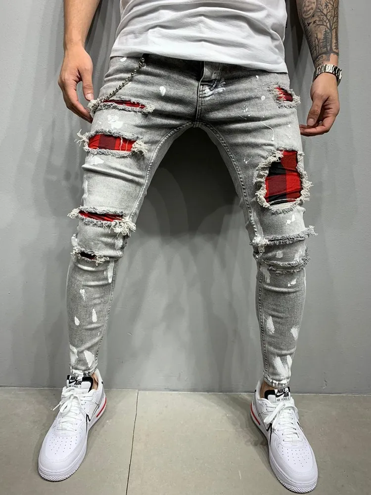 New Men's Grid Slim-Fit Ripped Jeans Men's Painted Jeans Patch Beggar Pants Jumbo Men's Hip Hop Pants Size