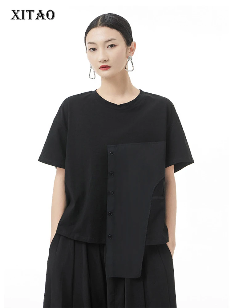 

XITAO Asymmetrical T-Shirt Women Korea 2022 Summer New Arrival Personality Fashion Loose V-neck Short Sleeve T-Shirt WLD7036