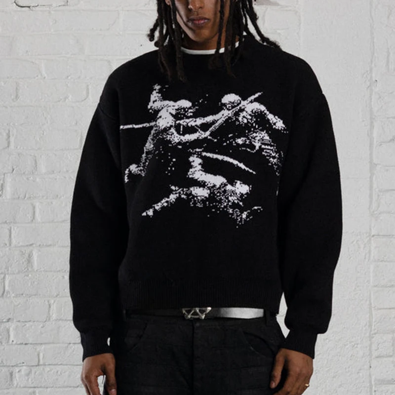 2024 мужской новый популярный свитер с винтажным узором и принтом круглый вырез