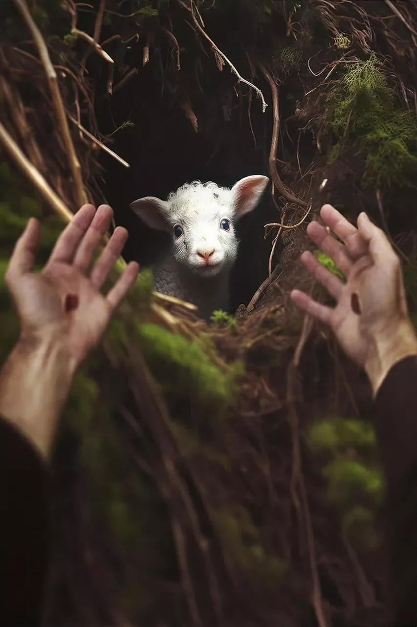 Иисус понижается чтобы спасить фото ягненка Шелковый плакат с художественной