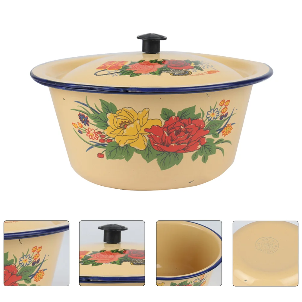 

1Pc Vintage Antique Hand Washing Basin Tureen Pot with Lid Retro Enameled Bowl
