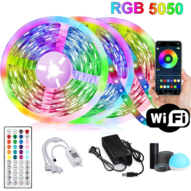 1m-50m RGB светодиодные ленты 5050 Bluetooth WIFI Тип управления комплект для телевизора компьютер спальня праздник вечеринка поддерживает Alexa Google