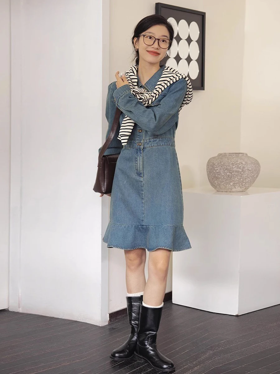 Джинсовая юбка рыбий хвост женская осень 2023 новинка во французском стиле