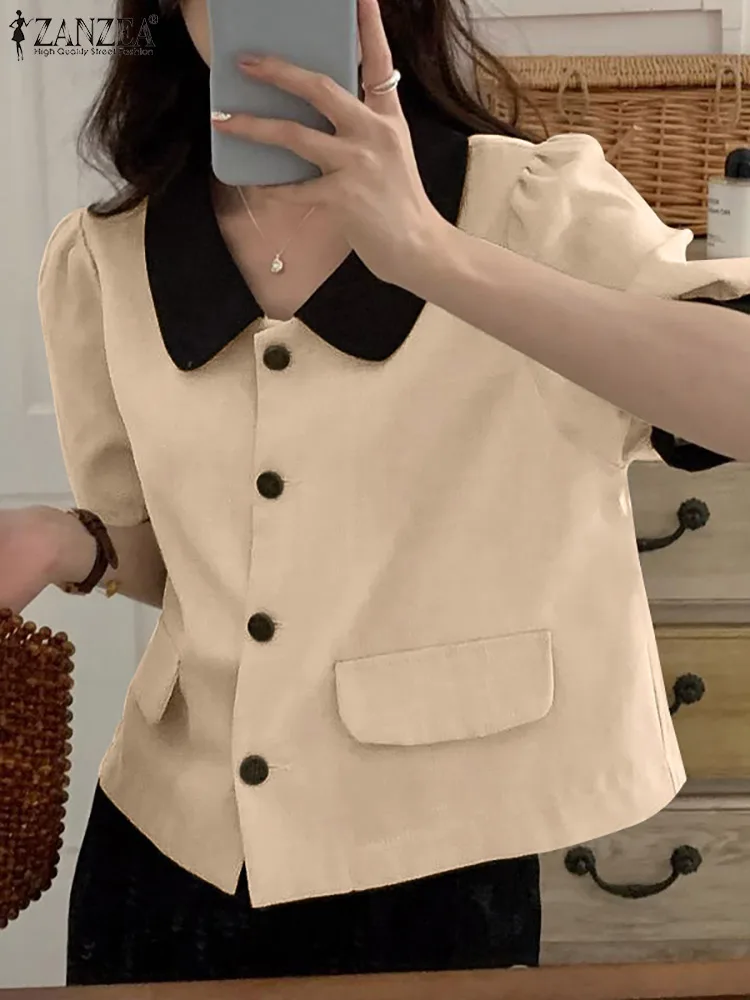 

Блузка ZANZEA в Корейском стиле с пышными рукавами и отложным воротником, Повседневная рубашка, элегантная женская блузка, милые летние модные...