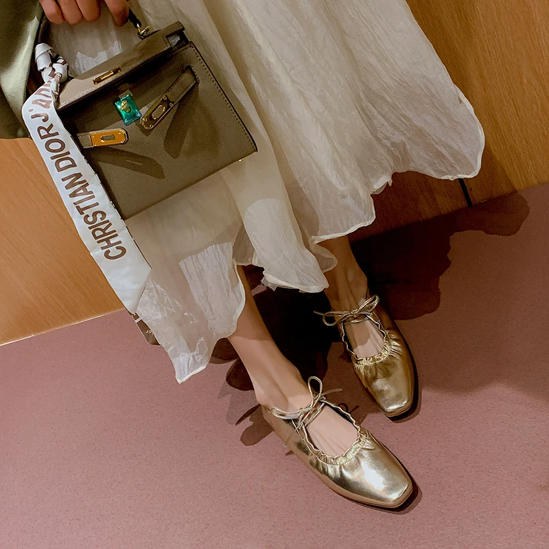 Spring and Autumn Golden Cowhide Square Head Women's Shoes Rope Low Heel Thick Heel Silver Women's Shoes