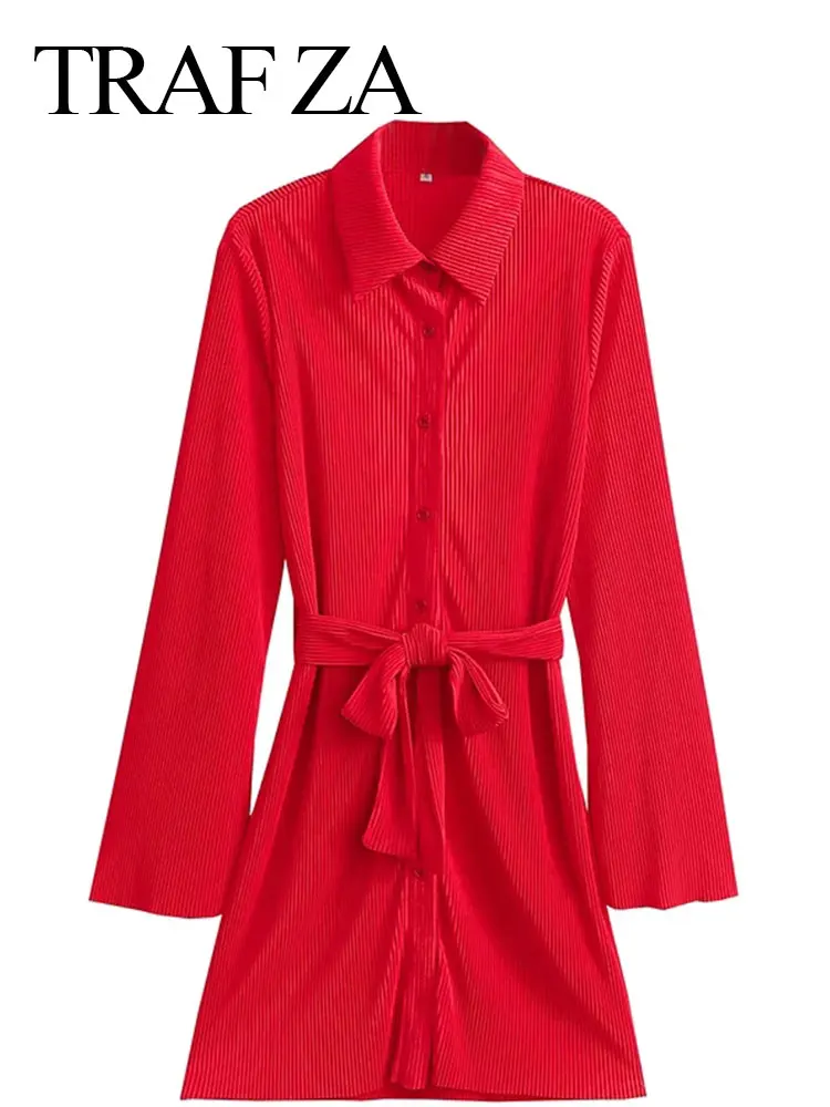 

TRAF ZA Solid Color Red Female Shirt Fashion Dress Simple Single Breasted Long Sleeve Belt Bow Knot Commuter Short Dress Women