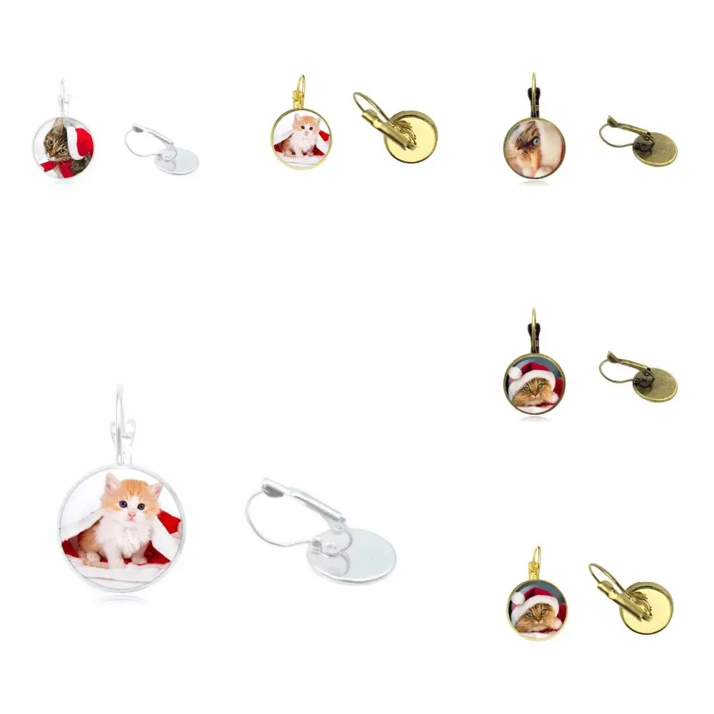 Милые рождественские серьги-кабошоны с котом для девочек, бронзовые/серебряные/золотые серьги-клипсы с ушным крючком