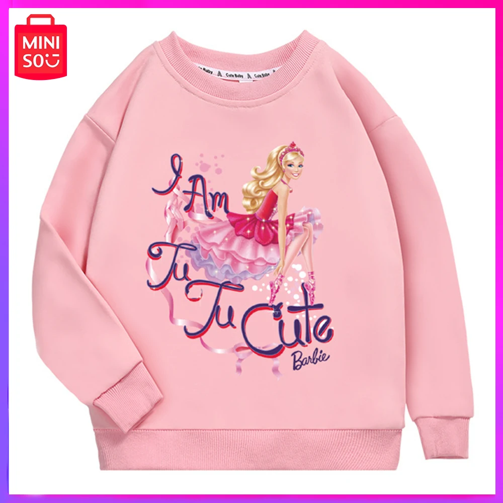 

2023 Miniso Barbie New Autumn Children Cartoon Fashion Printing Pure Cotton Crew-Neck Hoodie Pink Kawaii Christmas Girl Gift