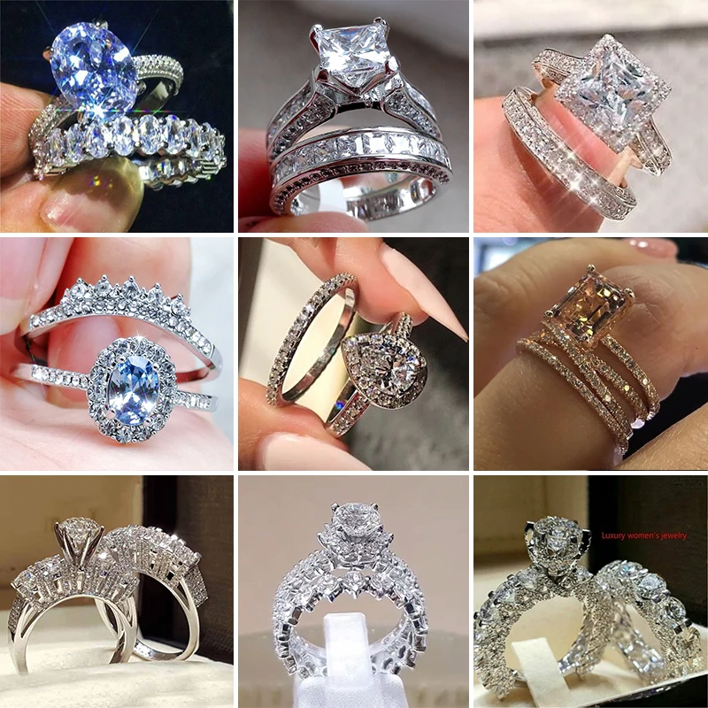 

2pcs Fashion Women Wedding Rings Crystal Zircon Finger Ring Set Men Couple Engagement Promise Exquisite Jewelry Gift