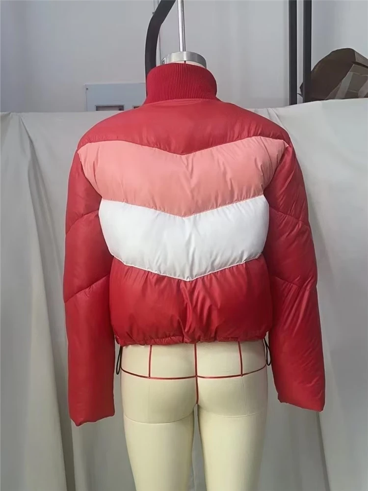 KEYANKETIAN women's striped patchwork PU leather cotton jacket autumn/winter stand-up collar zipper short cotton jacket