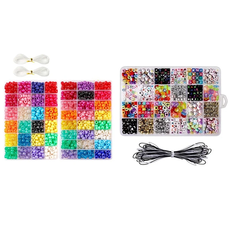 

1 Set 9mm Pony Beads Set in 24 Colors with Elastic String & 1 Set Matching Beads Children DIY Bracelet