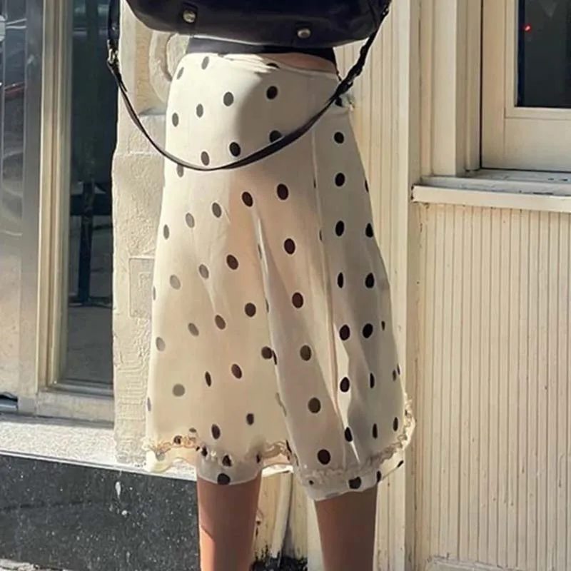 Винтажные юбки-миди в горошек 90-х годов Y2k Кокетка с низкой талией Прозрачная юбка
