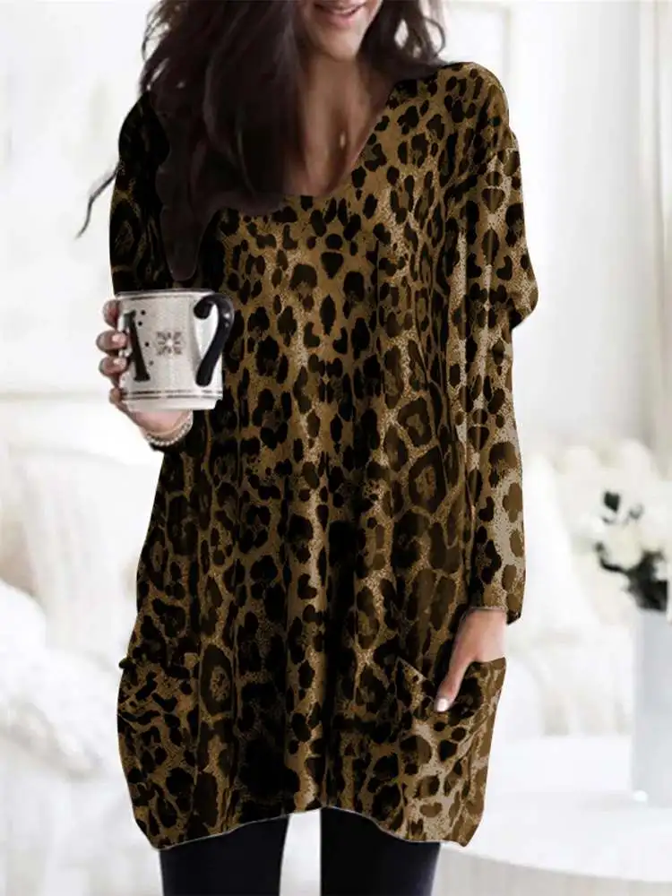 

Celmia 2022 Vintage Long Sleeve Tunic Tops Women Sexy V-Neck Blouses Pockets Casual Leopard Print Shirt Elegant Blusas Femininas