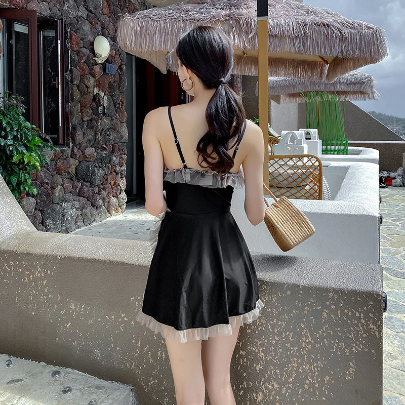 New One-Piece Swimsuit Women's Conservative Skirt Style Boxer Small Chest Gathering Fairy Fan Hot Spring Swimming