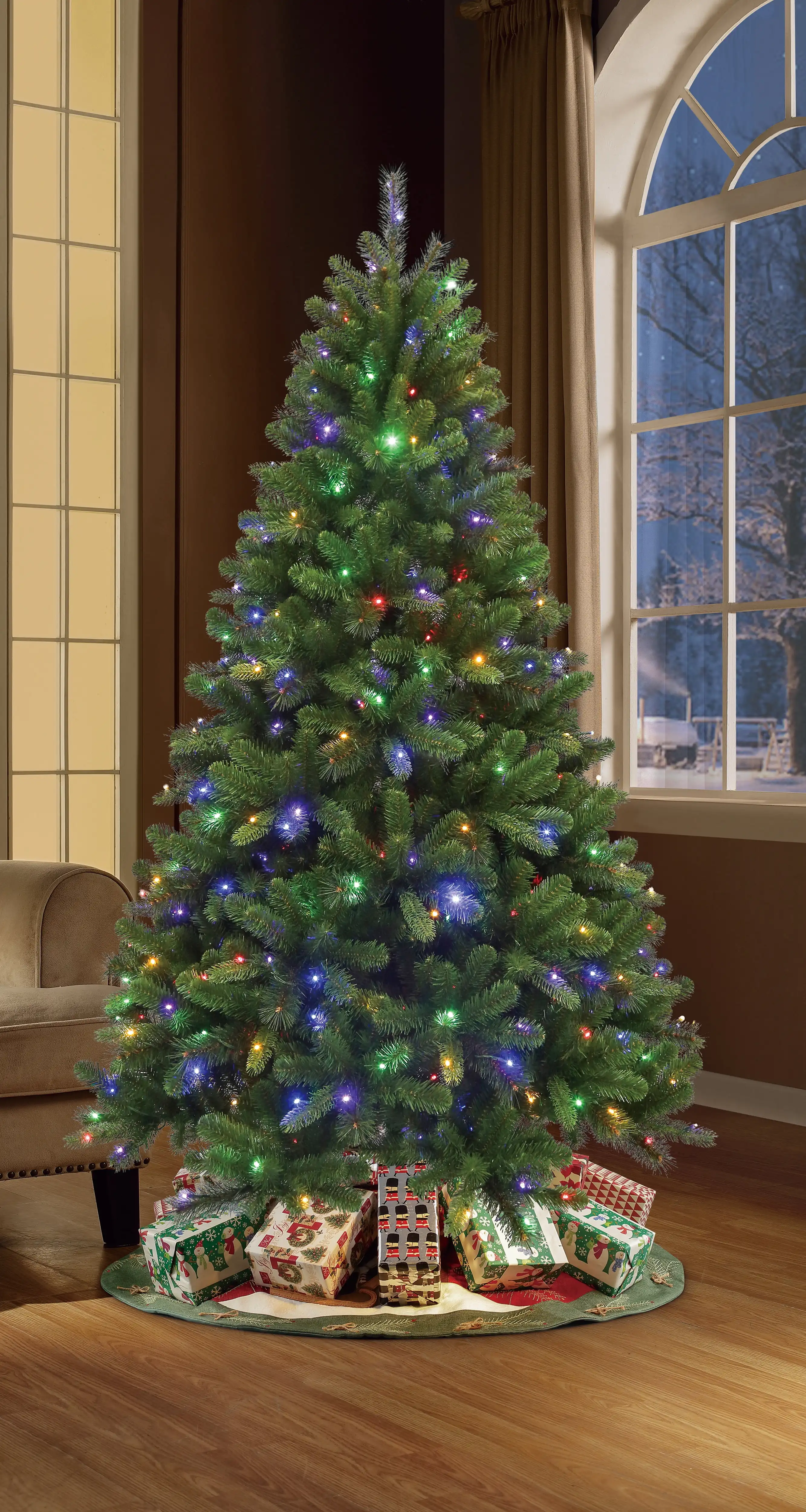 

Предварительно зажженная 400 цветов, меняющая цвет лампочки, искусственная Рождественская елка из ели долины, 7 футов, по праздничному времени