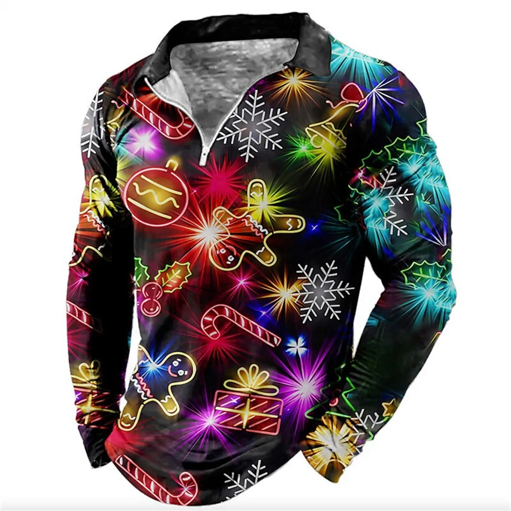 

Повседневная мужская поло с имбирным принтом, Уличная Повседневная рубашка-поло для гольфа с 3D застежкой-молнией, уличная одежда из полиэстера с отложным воротником, Рождественская одежда