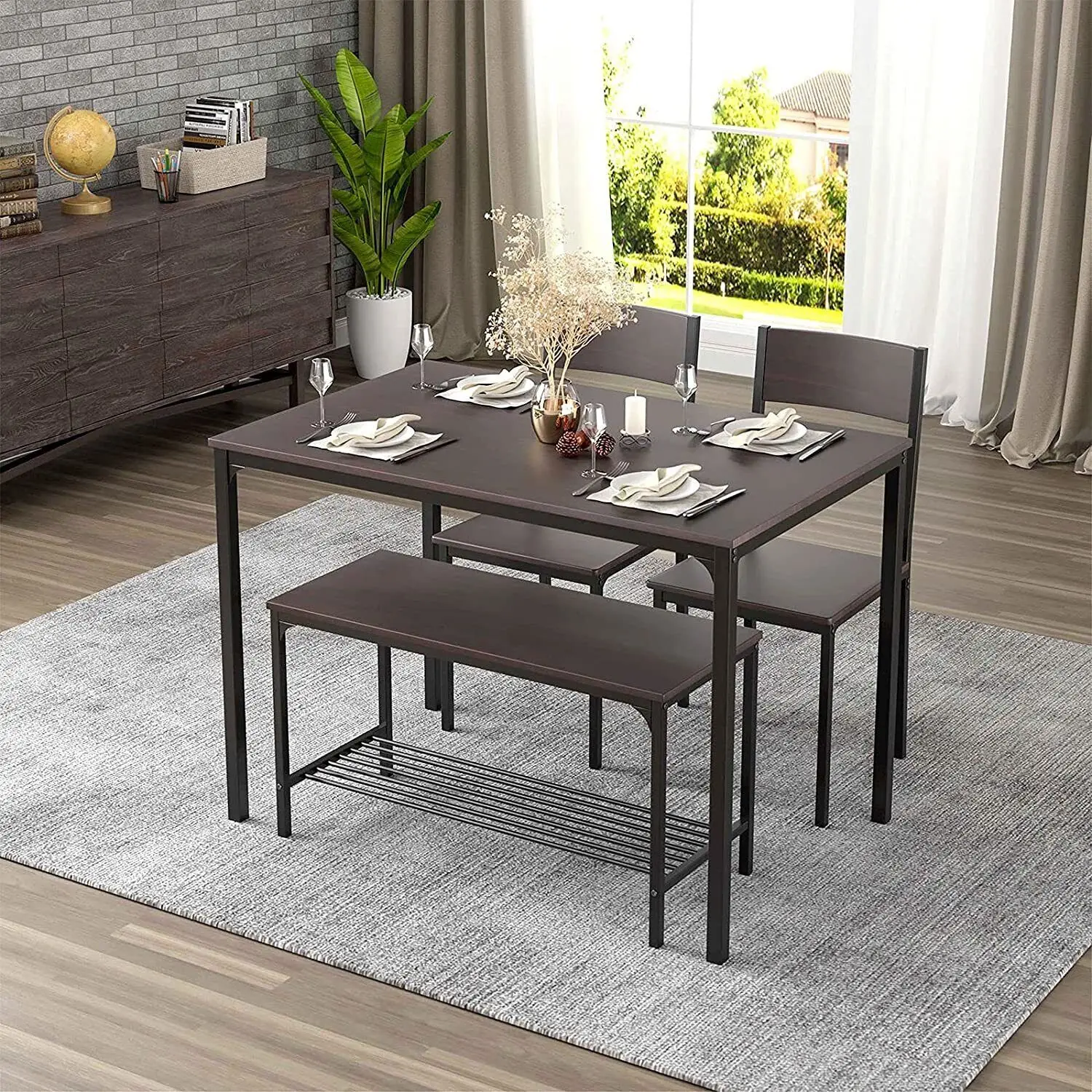 

4 Pcs Dining Table Set Wooden Table and 2 Chairs, Bench with Metal Legs 2 Colors