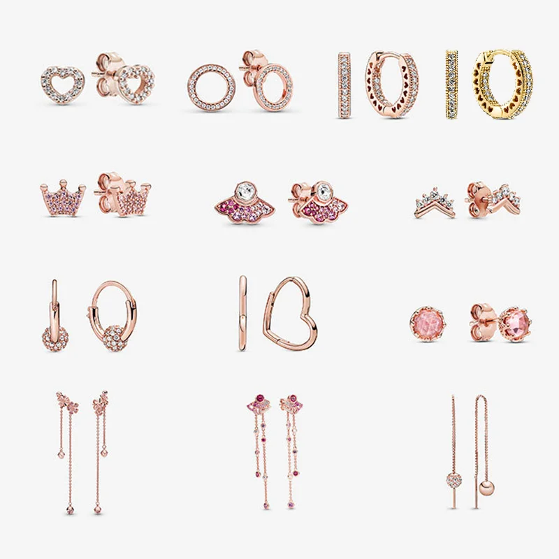 

LR Pan-Style 925 Silver Tassel Earrings Korean Fashion Simple Earrings Female Pink Crown Rose Gold Earrings Full Diamond Pink