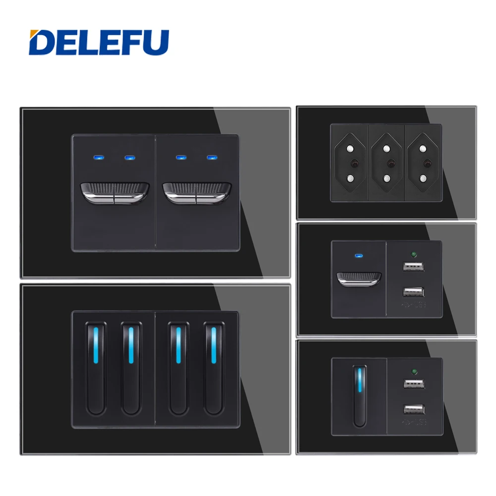 

Delefu 20a Standard Brazil Glass Socket,118*75mm Piano Keys with Led Indicator Wall Switch with Socket Usb,Black Usb Charge Plug