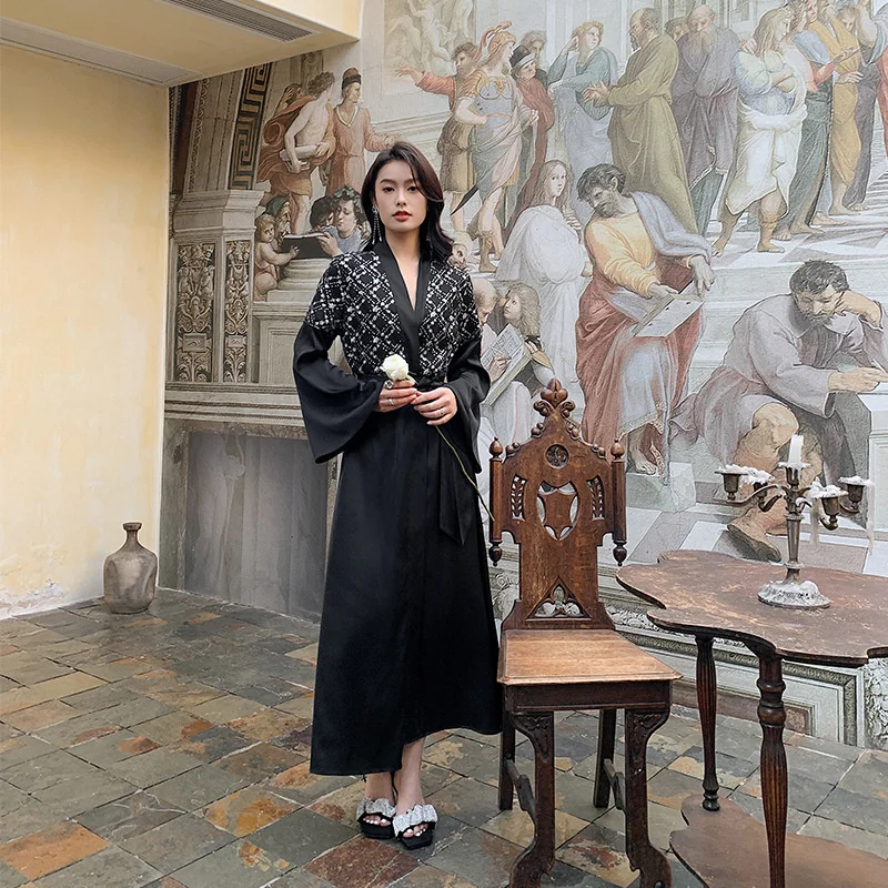 French Light Luxury Satin Sequined Lace Nightgown Women's Summer Dressing Gown Nightgown Women's Home Clothes Pyjamas Set