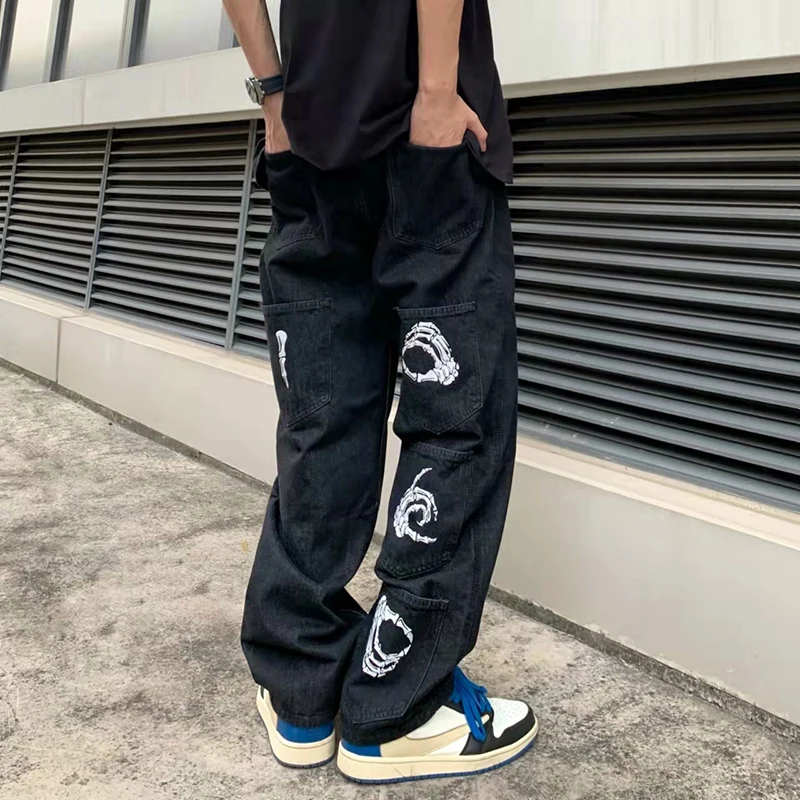 Black Jeans Men Slim Wide Leg Yk2 Streetwear Straight Grunge Clothes Skeleton Hand Pants Women Oversized Harajuku Low Rise 3XL