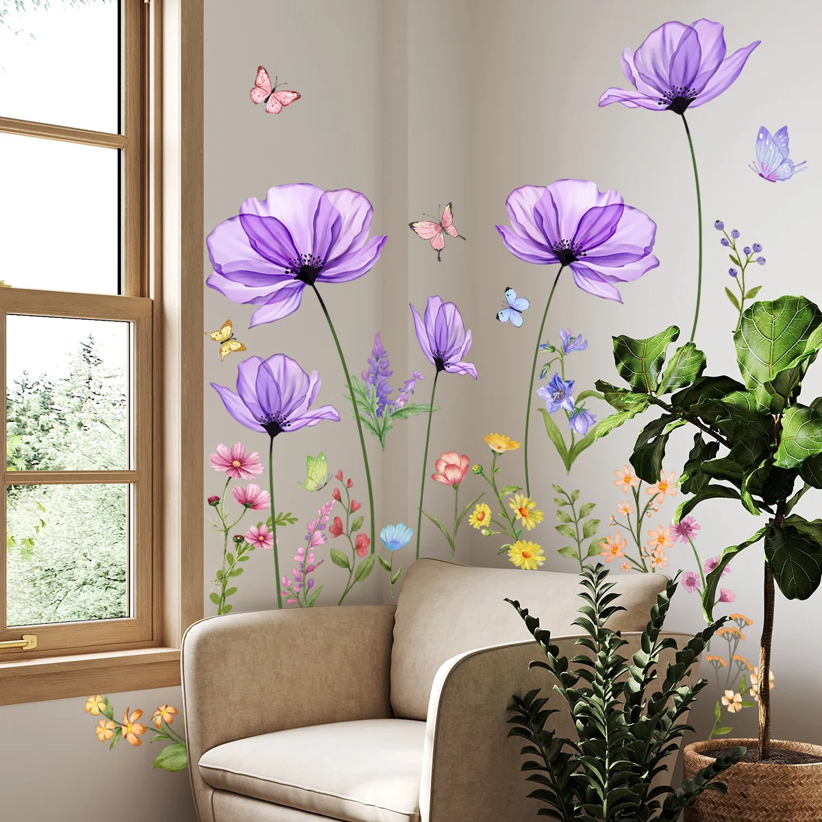 Наклейка на стену с фиолетовым цветком декор для детской комнаты украшение дома