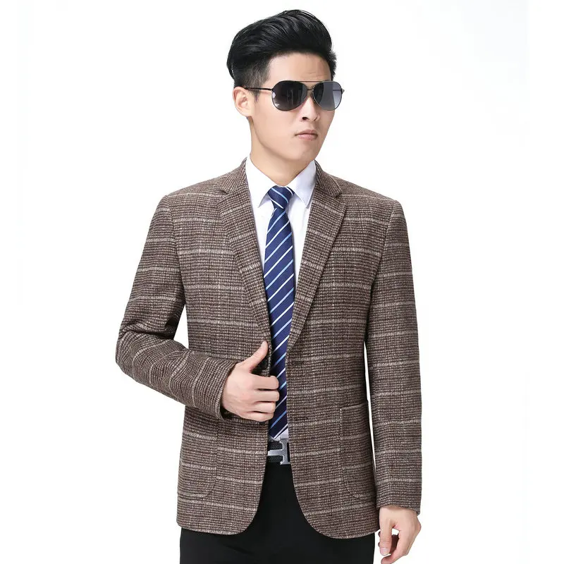 Men Elegant Plaid Blazers Smart Casual Camel Navy Blue Checked Pattern Suit Coat Male Business Jackets Four Season Outfits 2023