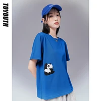 toyouth women t shirts 2022 summer short sleeve o neck loose tees panda embroidery pattern 100 cotton blue casual chic tops