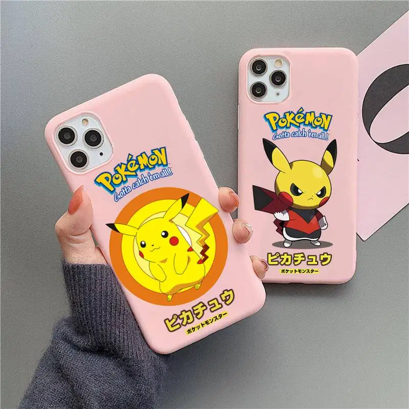 

Cartoon Anime Pikachu Phone Case For iphone 13 12 11 Pro Max Mini XS 8 7 6 6S Plus X SE 2020 XR Matte Candy Pink Silicone cover