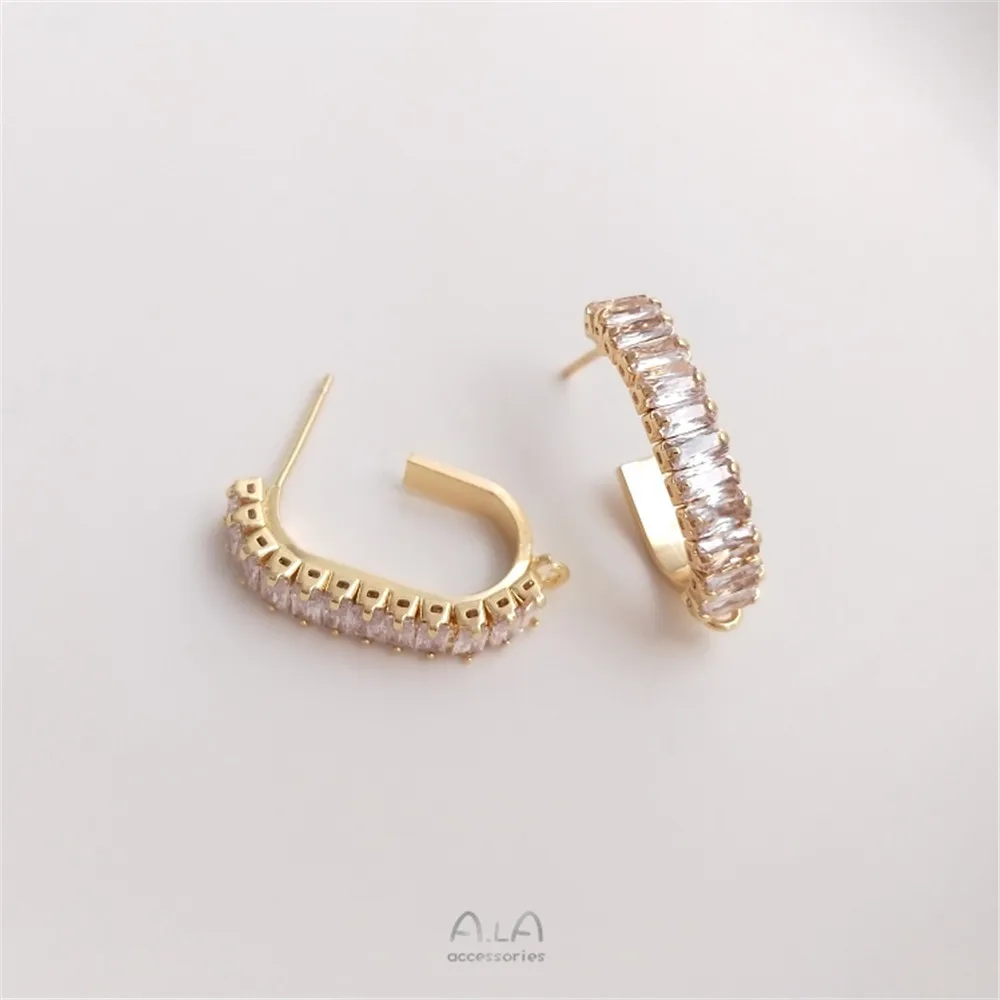 

14K Gold Color square zircon C-shaped earrings with hanging earrings S925 silver needle earrings handmade diy earpiece material