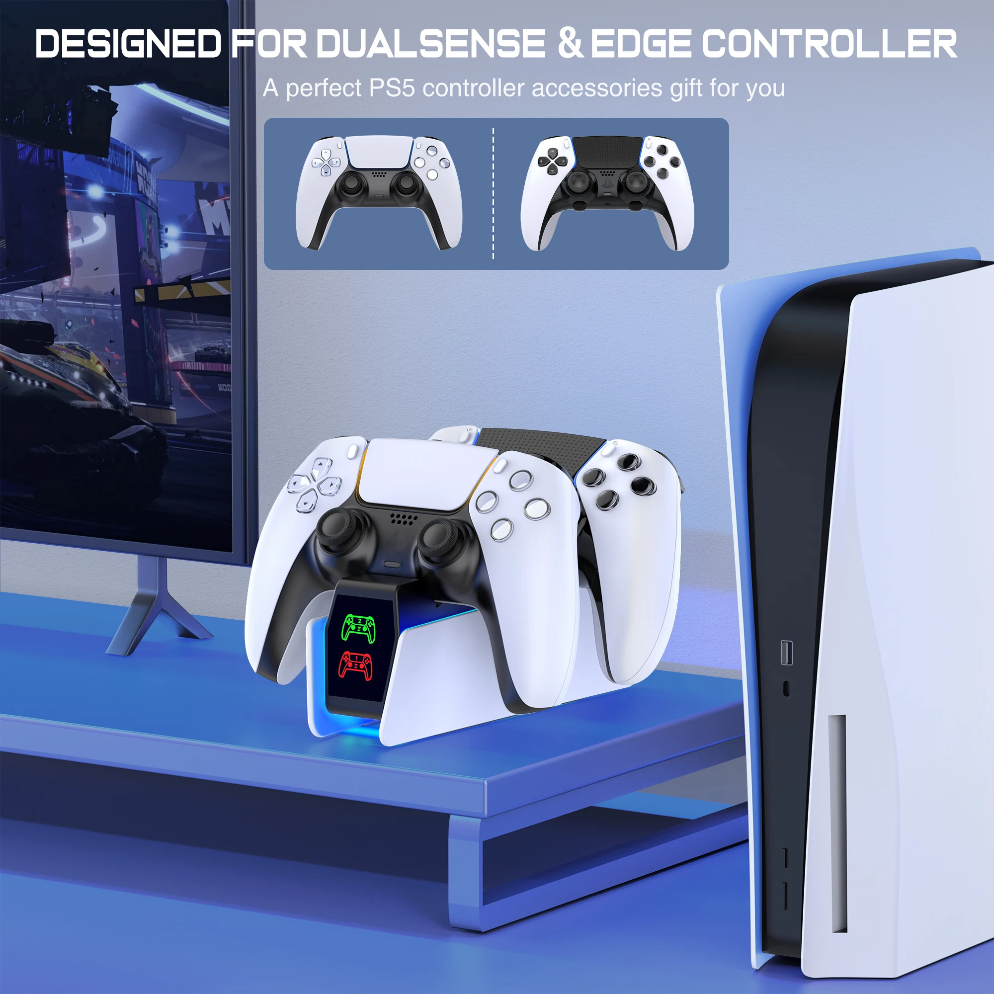 FC304 Controller Charger with RGB Light Dual Stand Dock PS5 Charging Station Accessories for PlayStation 5