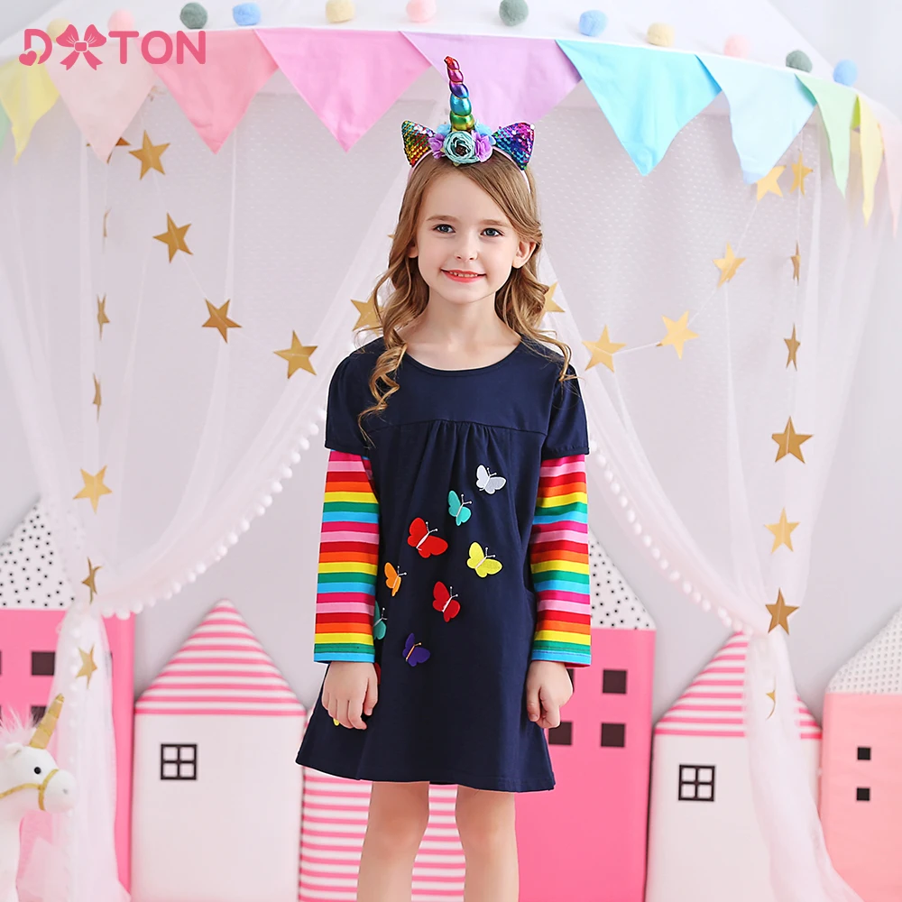 

DXTON Winter Children Dress Rainbow Long Sleeve Girls Casual Clothe Butterfly Unicorn Kids Dress Cotton Dress For 12 Years Girls