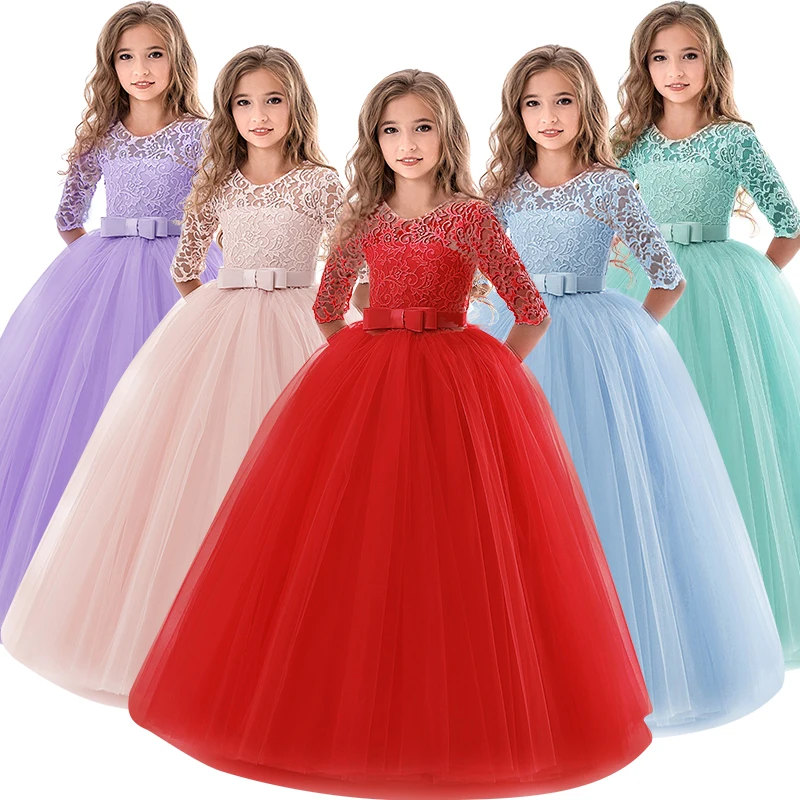 

6-14 Years Flower Lace Dress Girls Clothes Princess Party Pageant Long Gown Kids Dresses for Girls Wedding Evening Clothing
