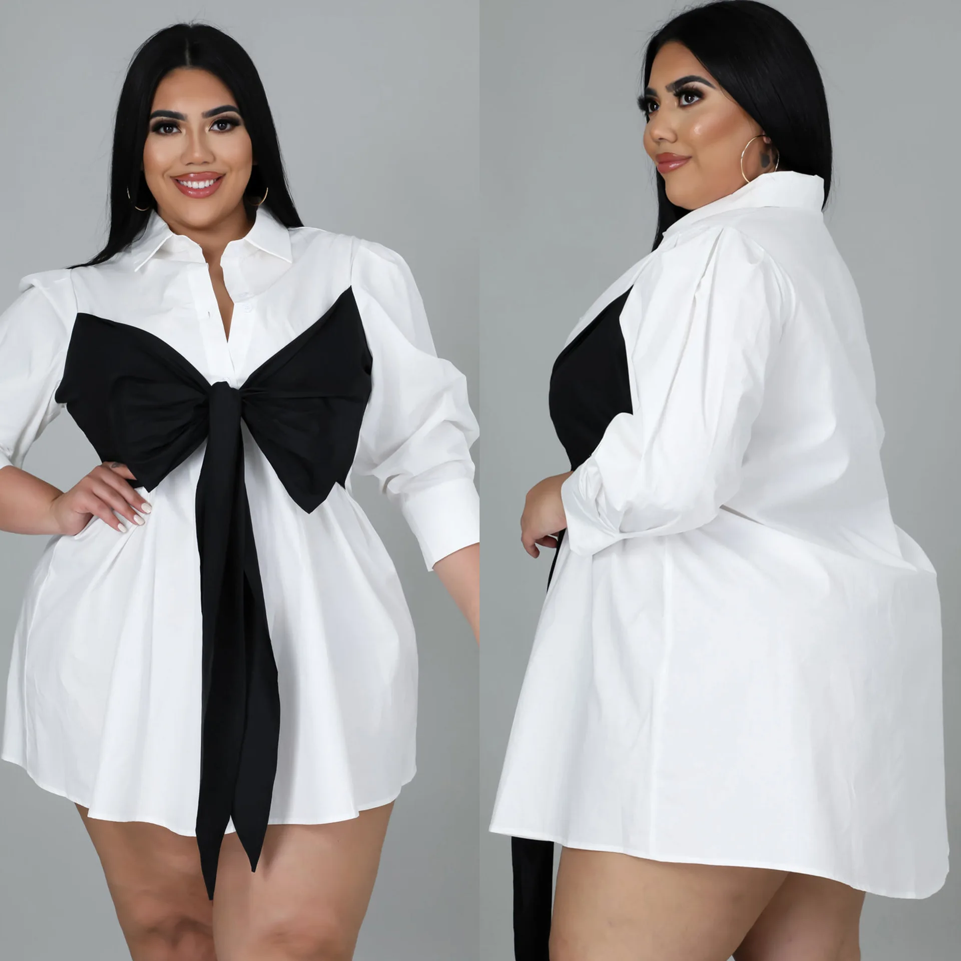 

Autumn Long Sleeve Women Single Breasted White Top Patchwork Bow Shirt Dress Preppy Style Plus Size Blusas Korean Blouses