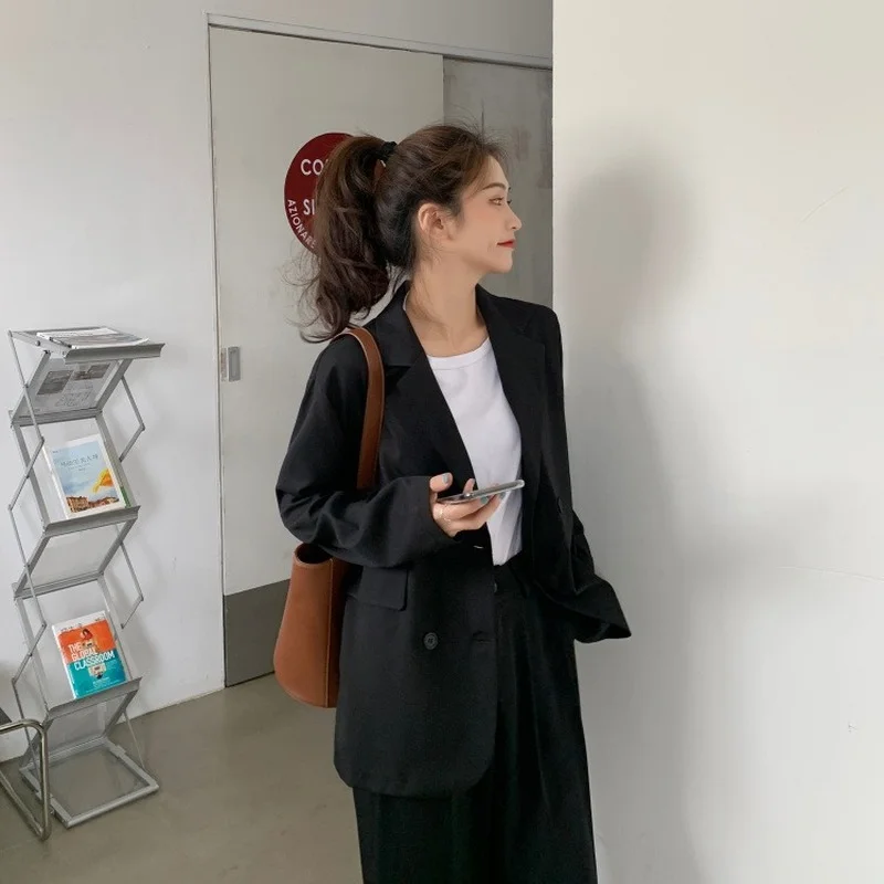 Khaki Blazer Office Lady Lapel Double Breasted Casual Commute Blazers Spring Autumn Thin Loose Suits Elegant Chic Coats Clothing